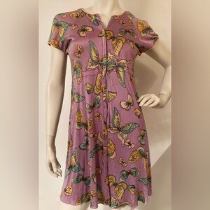 Vtg lavender soft silky butterfly print slip dress sz SMALL hippie groovy